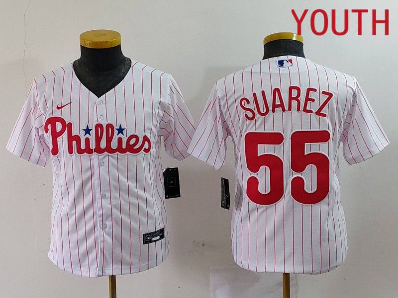 Youth Philadelphia Phillies #55 Suarez White stripe Nike Game 2024 MLB Jersey style 1